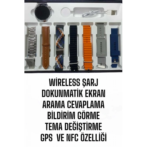 Siyah Çelik Kasa Akıllı Saat 7 Silikon Kordon 2024 Model