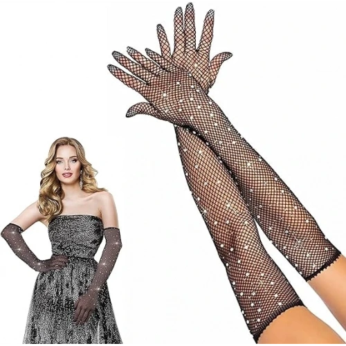 Black Pearl Diamond Fishnet Long Gloves