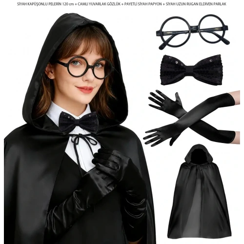 Siyah Kapüşonlu Büyücü ve Cadı Pelerin Kostüm Seti (4 Parça) (5365)