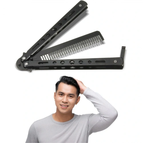 Black Foldable Stainless Steel Butterfly Knife Comb Beard Mustache Brush Comb for Professional Haircut (5365)