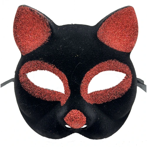 Black Red Glittery Suede Cat Mask