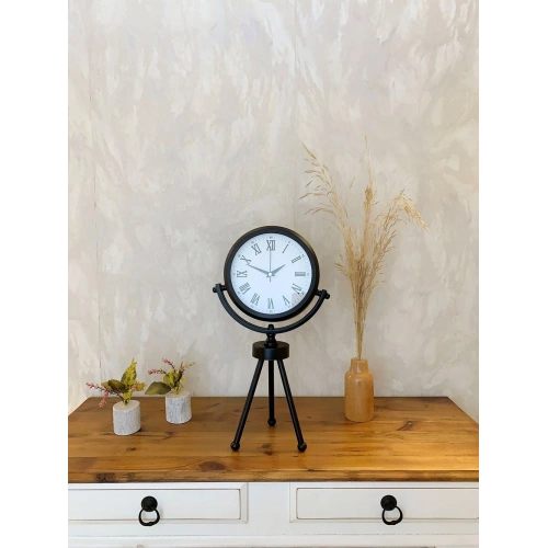 Siyah Metal Mini Tripod Roma Rakamlı Masa Saati 45×26 cm