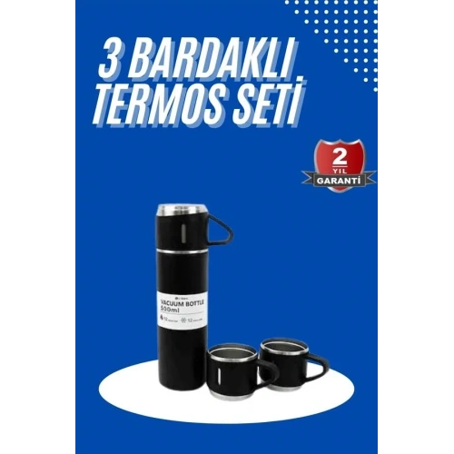 Siyah Paslanmaz Çelik Termos Seti 3lü 500 Ml Seyahat Kullanımı
