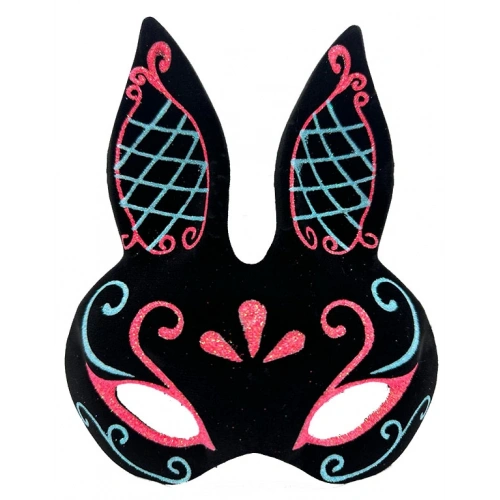 Siyah Renk Mavi Kırmızı Simli Siyah Süet Kaplama Tavşan Maskesi 18x16 cm (5365)