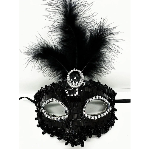 Siyah Renk Payetli Pullu Tüylü Parti Maskesi 17x20 cm (5365)