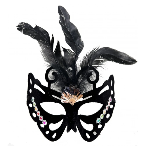 Siyah Renk Siyah Süet Kaplama Tüylü Kelebek Figür Parti Maskesi 24x18 cm (5365)