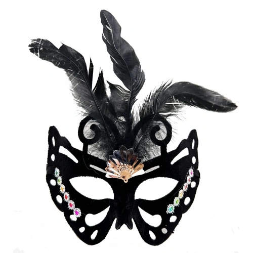 Siyah Renk Siyah Süet Kaplama Tüylü Kelebek Figür Parti Maskesi 24x18 cm (5365)