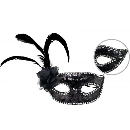 Siyah Renk Yandan Tüylü Güllü Gümüş Taşlı Pullu Maske 20x22 cm (5365)