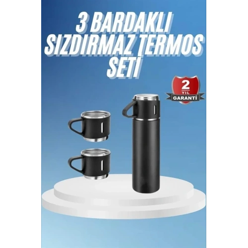 Siyah Renkli Paslanmaz Çelik Termos Seti 3 Bardaklı