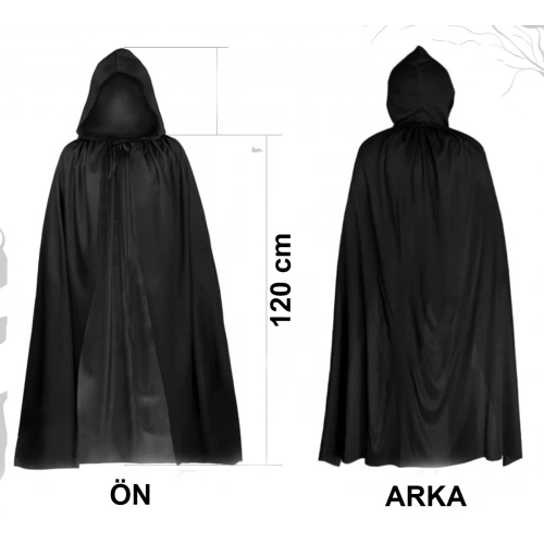 Siyah Uzun Pelerin 120 cm Kapüşonlu – Cosplay ve Parti Kostümü (5365)