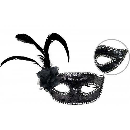 Siyah Yandan Tüylü Güllü Taşlı Pullu Maske