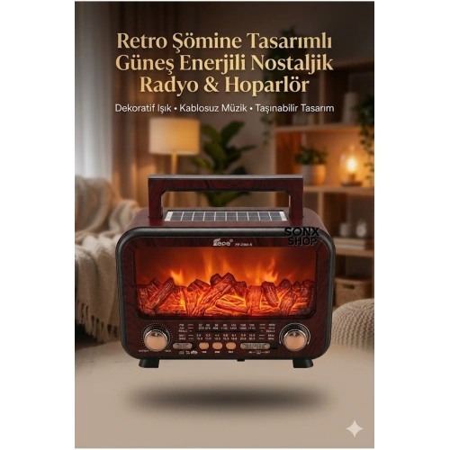 Şömine Alev Efektli  Bluetooth Hoparlör Radyo – Güneş Enerjili