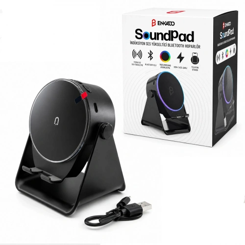 SoundPad Bluetooth Hoparlör - İndüksiyon Temas Özellikli - Telefon Standlı - Type-C Şarj - RGB Ambiyans Aydınlatma