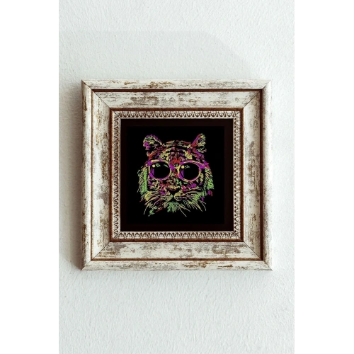 Soyut Çalışma Renkli Kedi Çerçeveli Taş Tablo , Çerçeveli Taş Duvar Dekoru - Enkcrcvtbl-00098 20 cm