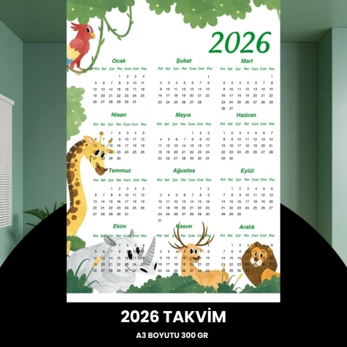 Takvim 2026 Premium A3 300 Gr Dijital Baskı Animal
