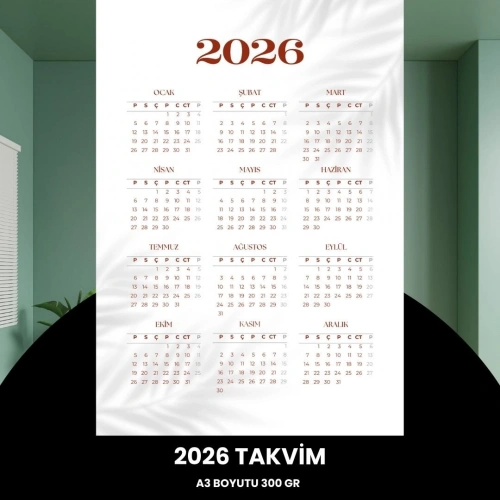 Takvim 2026 Premium A3 300 Gr Dijital Baskı Beyaz Bordo