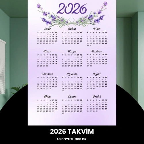 Takvim 2026 Premium A3 300 Gr Dijital Baskı Lavanta