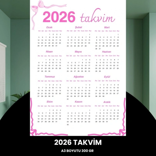 Takvim 2026 Premium A3 300 Gr Dijital Baskı Pembe