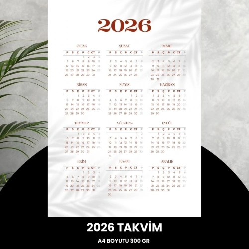 Takvim 2026 Premium A4 300 Gr Dijital Baskı Beyaz Bordo