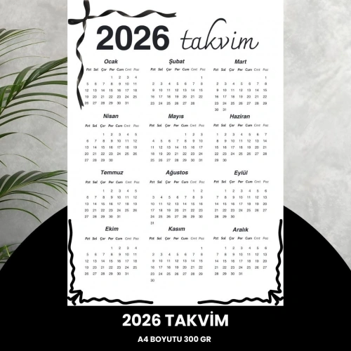 Takvim 2026 Premium A4 300 Gr Dijital Baskı Siyah Kurdele