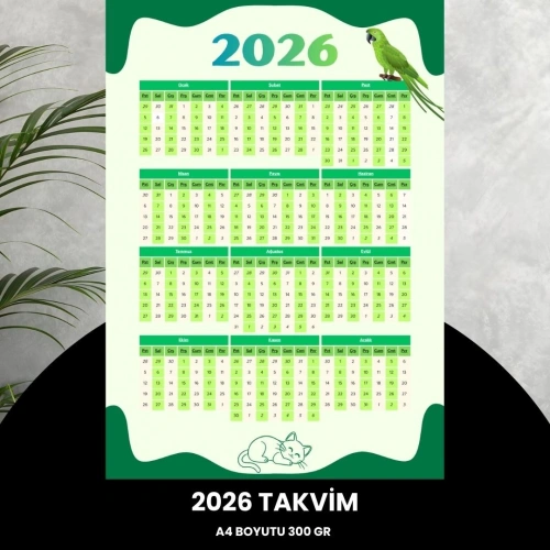 Takvim 2026 Premium A4 300 Gr Dijital Baskı Yeşil-beyaz