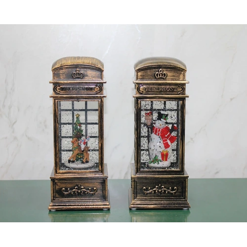 Telefon Kulübesi Tasarımlı Yılbaşı Temalı Işıklı Müzikli Kar Küresi Model 1