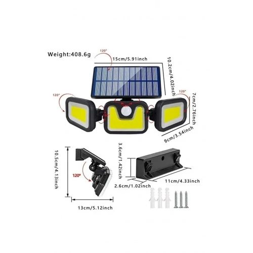 Üçlü Solar Led Projektör – Beyaz Işık – Sensörlü Dış Mekân Aydınlatma (5365)