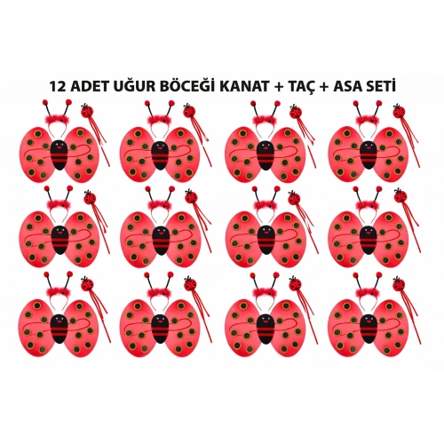 Uğur Böceği Kostüm Seti - Kanat Taç Asa 3 Parça 12 Adet (5365)