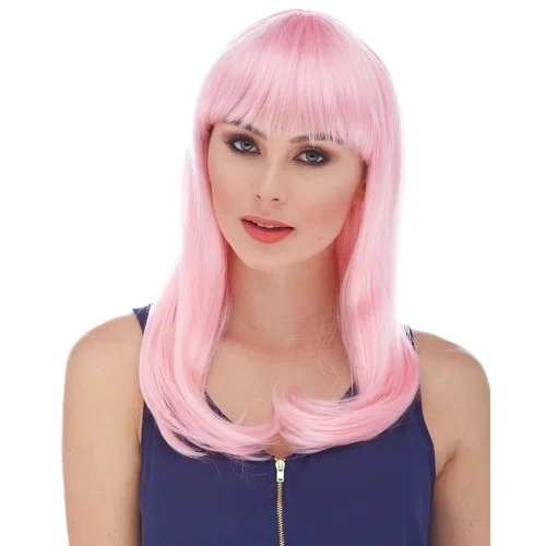 Uzun Düz Soft Pembe Parti Peruğu 60 Cm