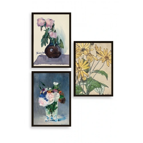 Vazodaki Çiçekler Üçlü Ahşap Çerçeveli Tablo 40 x 60