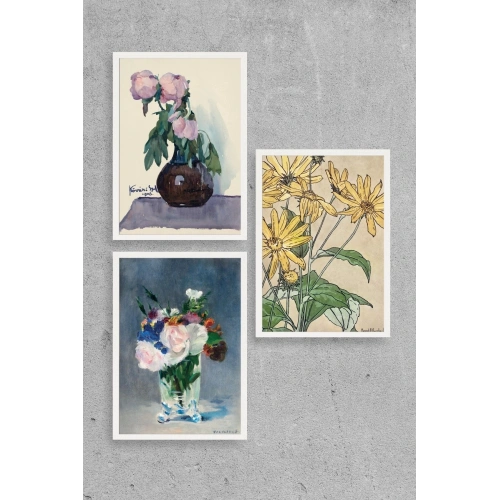 Vazodaki Çiçekler Üçlü Ahşap Çerçeveli Tablo 40 x 60