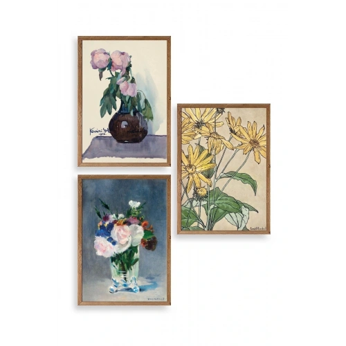 Vazodaki Çiçekler Üçlü Ahşap Çerçeveli Tablo 50 x 70