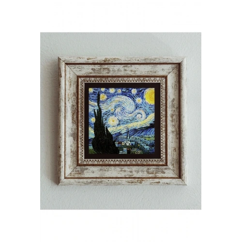 Vincent Van Gogh Starry Night Çerçeveli Taş Tablo , Çerçeveli Taş Duvar Dekoru 20 cm