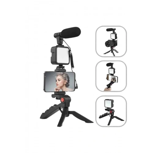 Vlog Seti Mini Tripod Mikrofonlu Telefon Tutucu