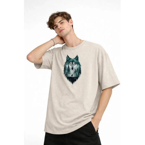 Wolf - Oversize Erkek Tişört BEJ