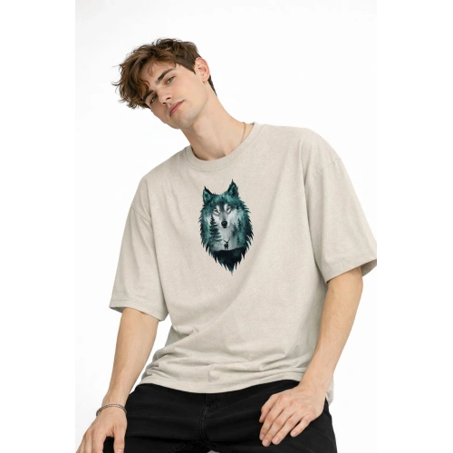 Wolf - Oversize Erkek Tişört BEJ