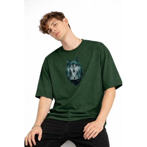 Wolf - Oversize Erkek Tişört HAKI