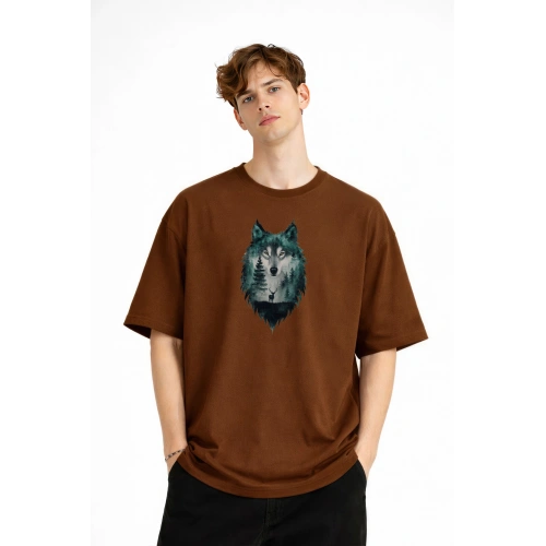 Wolf - Oversize Erkek Tişört KAHVE