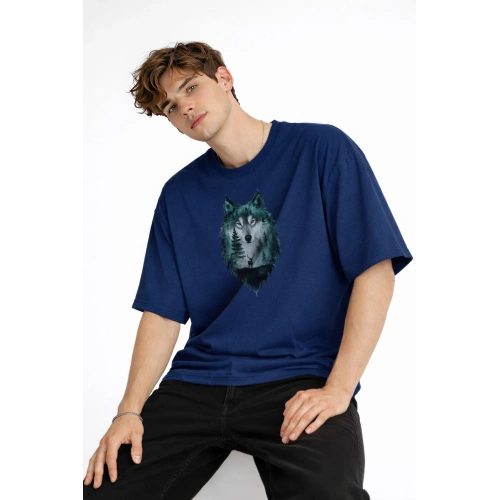 Wolf - Oversize Erkek Tişört Koyu Mavi