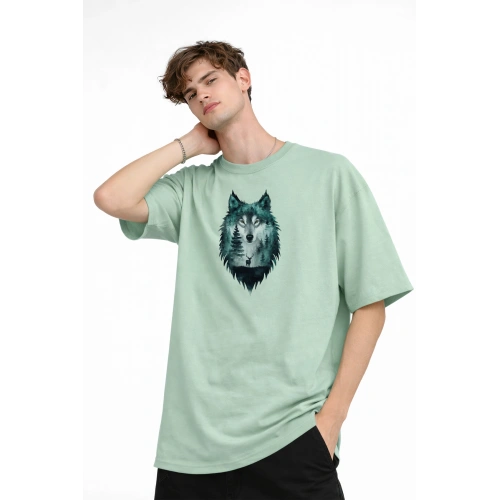 Wolf - Oversize Erkek Tişört SU YESILI