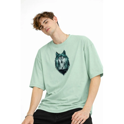 Wolf - Oversize Erkek Tişört SU YESILI