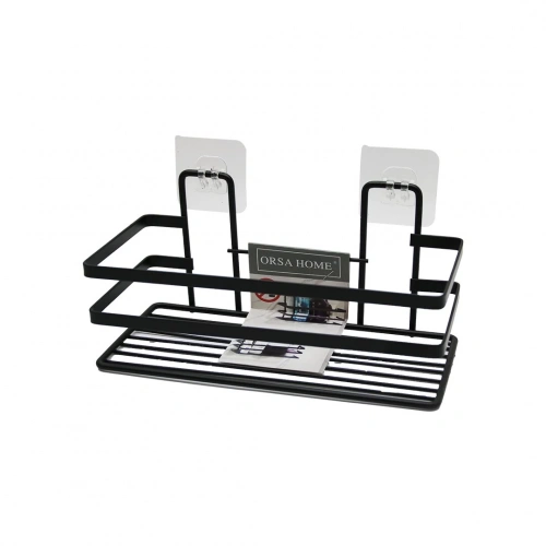 YAPIŞKANLI ASKILI ÇOK AMAÇLI SİYAH KARE BANYO RAF (5365)