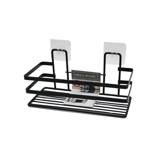 YAPIŞKANLI ASKILI ÇOK AMAÇLI SİYAH KARE BANYO RAF (5365)