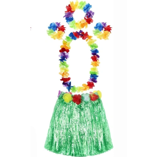Yetişkin ve Çocuk Uyumlu Luau Aloha Hawaii Yeşil Etek ve Renkli Kolye Taç 2 Adet Bileklik Seti (5365)
