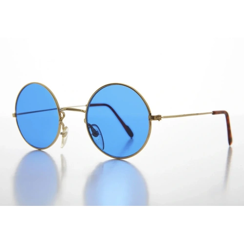Круглые очки в стиле Джона Леннона с золотой оправой и синими стеклами