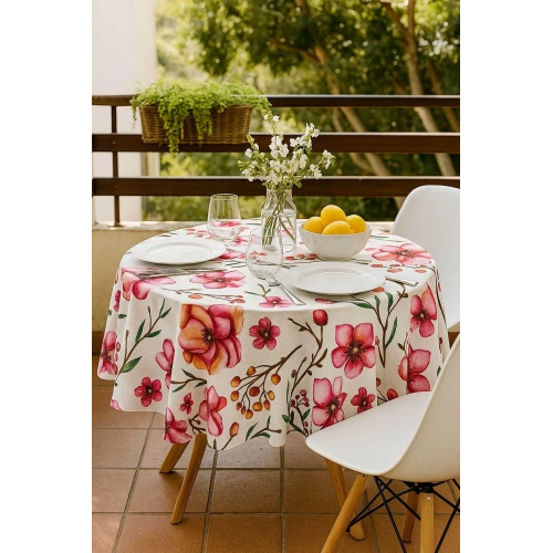 Yuvarlak Çiçek Desenli Duck Kumaş Masa Örtüsü 150x150 Cm