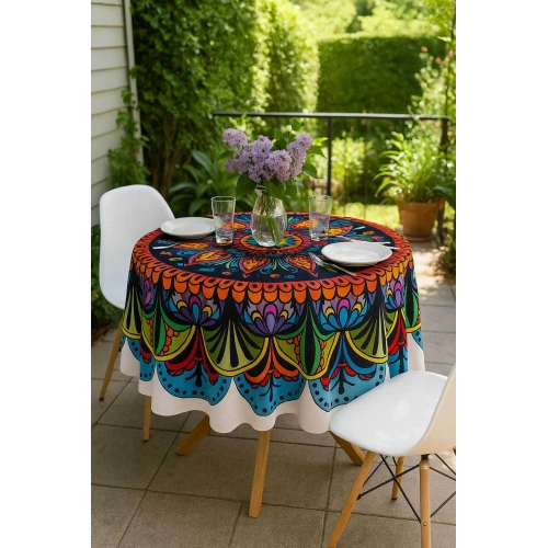 Yuvarlak Etnik Desenli Duck Kumaş Masa Örtüsü 150X150 Cm