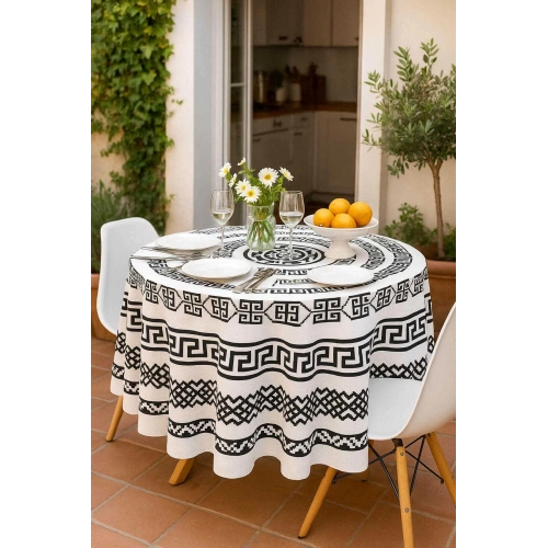 Yuvarlak Geometrik Siyah Desenli Duck Kumaş Masa Örtüsü 150x150 Cm