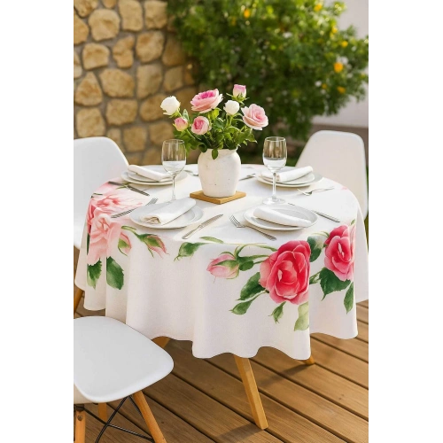 Yuvarlak Gül Desenli Duck Kumaş Masa Örtüsü 150x150 Cm
