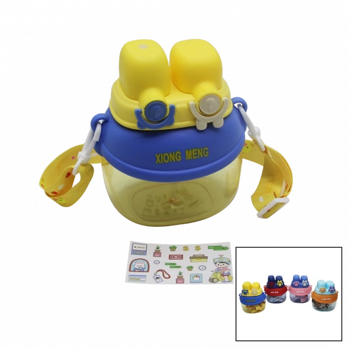 YÜZ MODELİ  - 2 KİLİTLİ KAPAK  RENKLİ MİKA KRİSTAL SULUK MATARA PİPETLİ - NAYLON ÇANTALI - ASKILI 1280ML (5365)